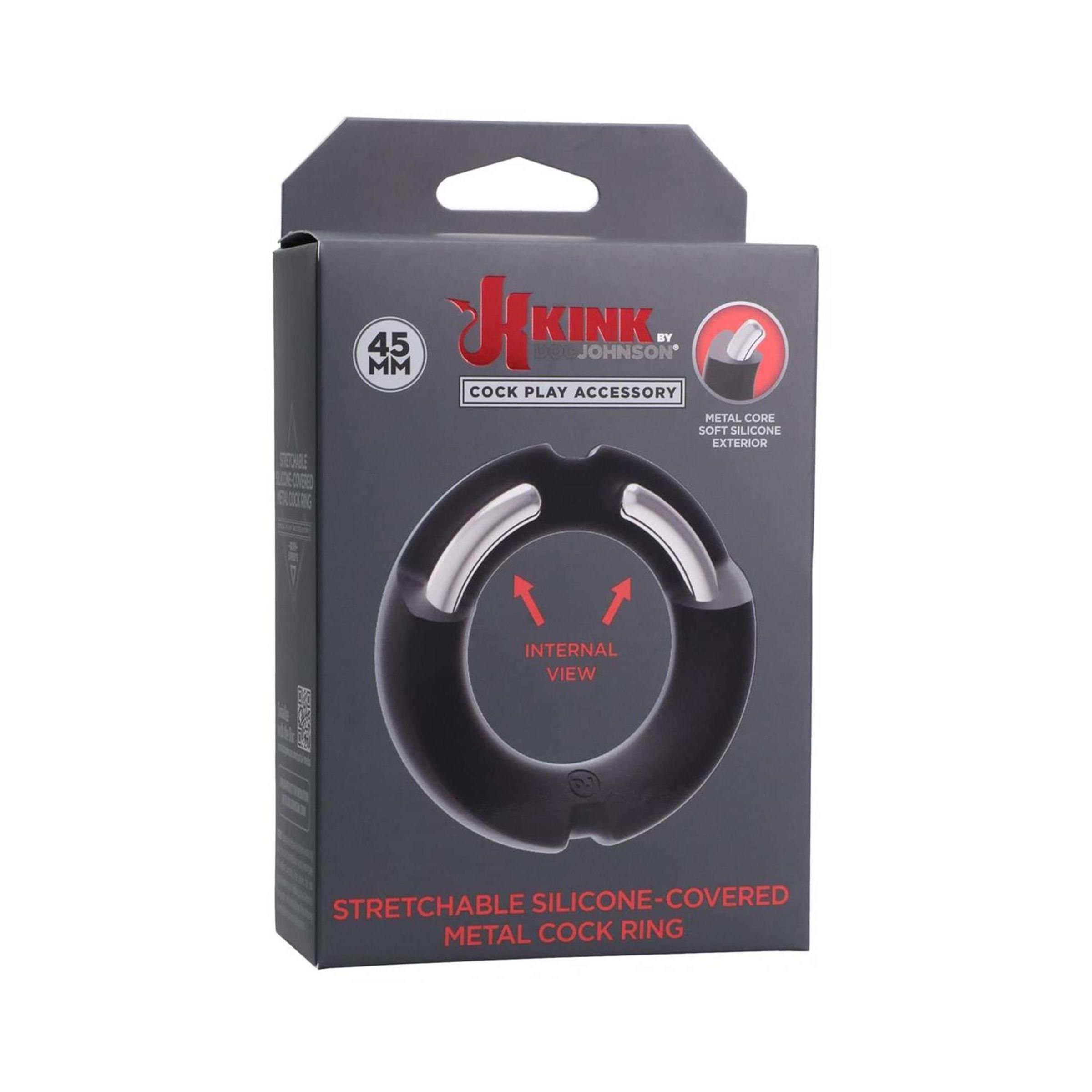Schwarzer Silikon-Cockring mit Metallkern, in Verpackung. Marke: JK Kink by Doc Johnson. 45 mm. Text: Stretchable Silicone-Covered Metal Cock Ring.