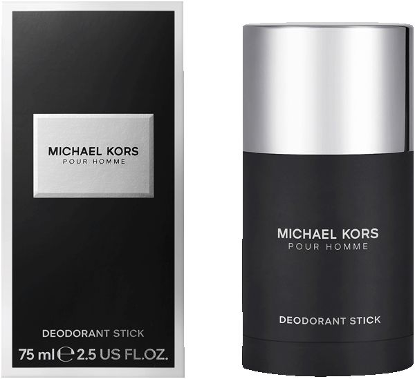 Deo-Stick und Verpackung. Schwarz mit silbernem Deckel. Schriftzug: MICHAEL KORS POUR HOMME, DEODORANT STICK. 75 ml.