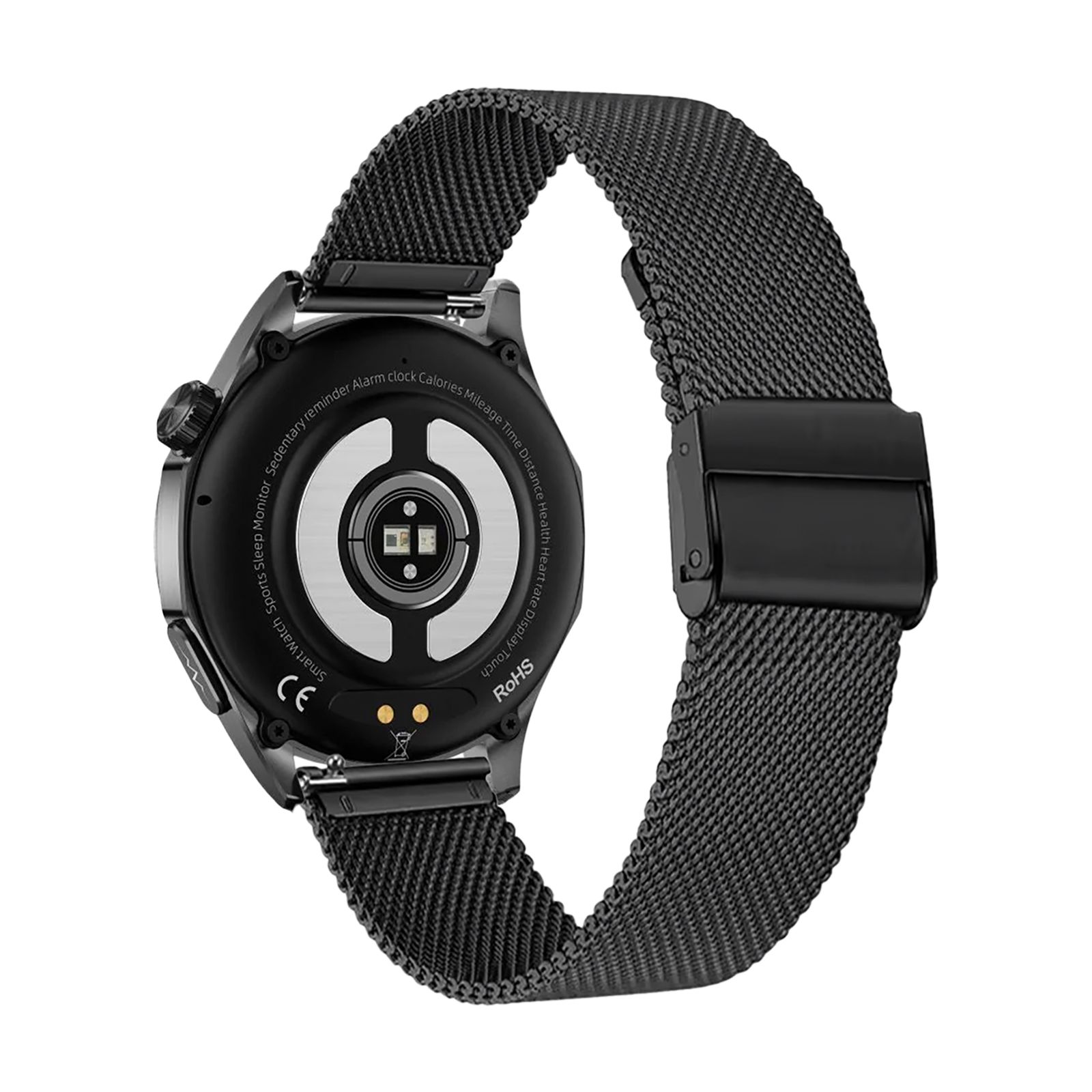 Rückseite einer schwarzen Smartwatch mit Metallarmband. Sensoren und Ladekontakte sichtbar. Armband mit schwarzer Schließe.