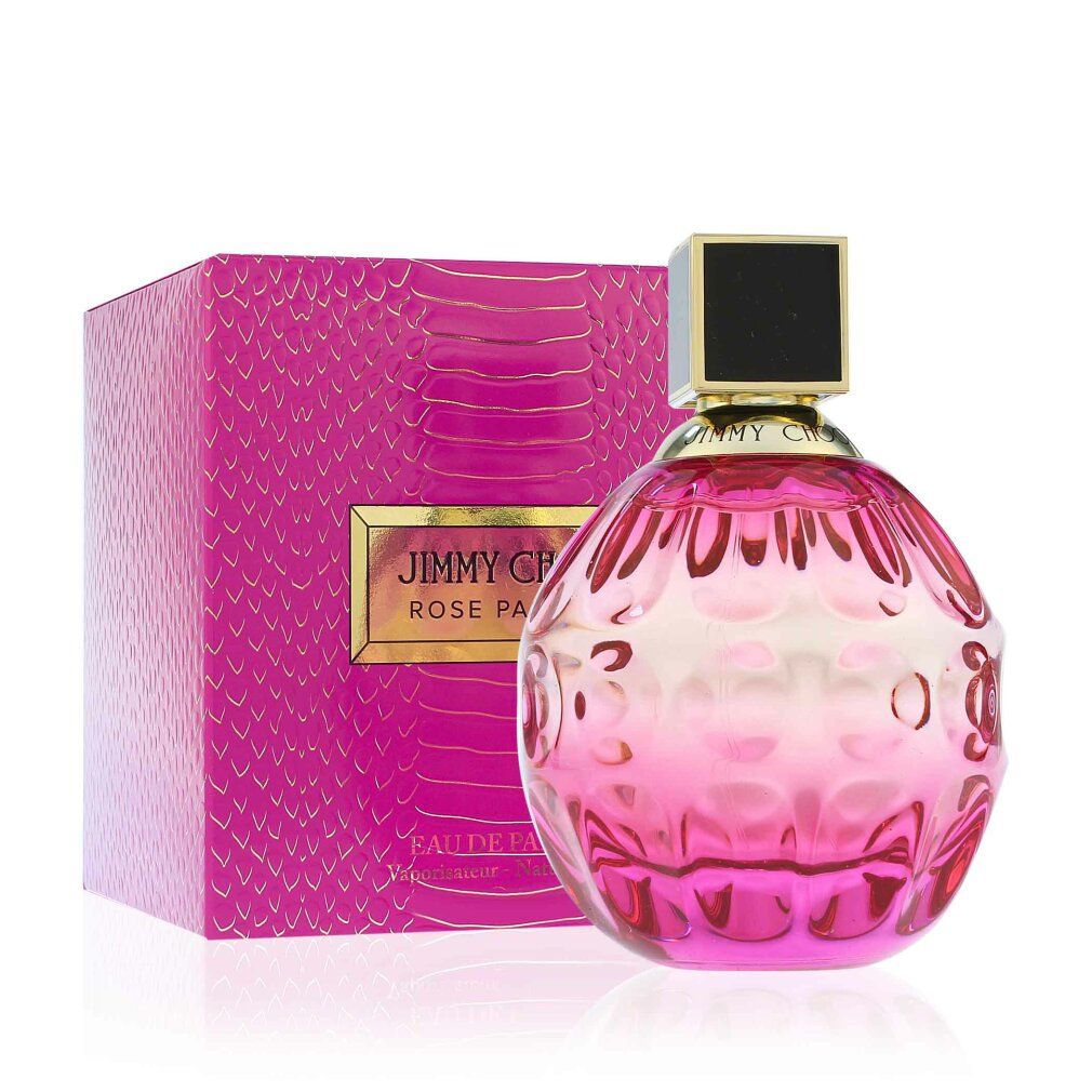 Rosa Flakon und Schachtel. Schachtel mit Schlangenmuster und goldenem Etikett. Jimmy Choo Rose Passion. Flakon daneben.