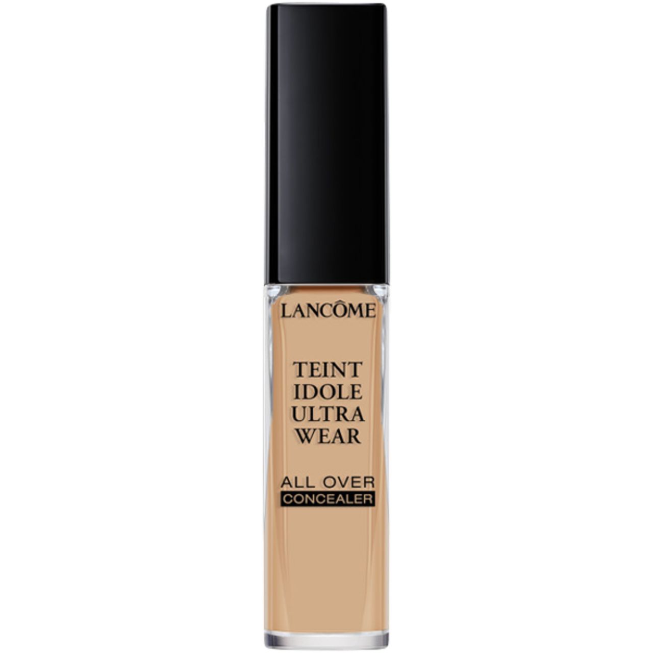 Lancôme Teint Idole Ultra Wear Concealer. Rechteckige Glasflasche mit beige Flüssigkeit und schwarzem Deckel. Schriftzug.
