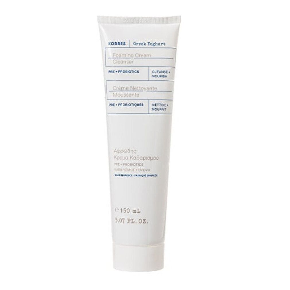 Weiße Tube mit Produktaufdruck. Text: KORRES Greek Yoghurt, Foaming Cream Cleanser, 150 ml.