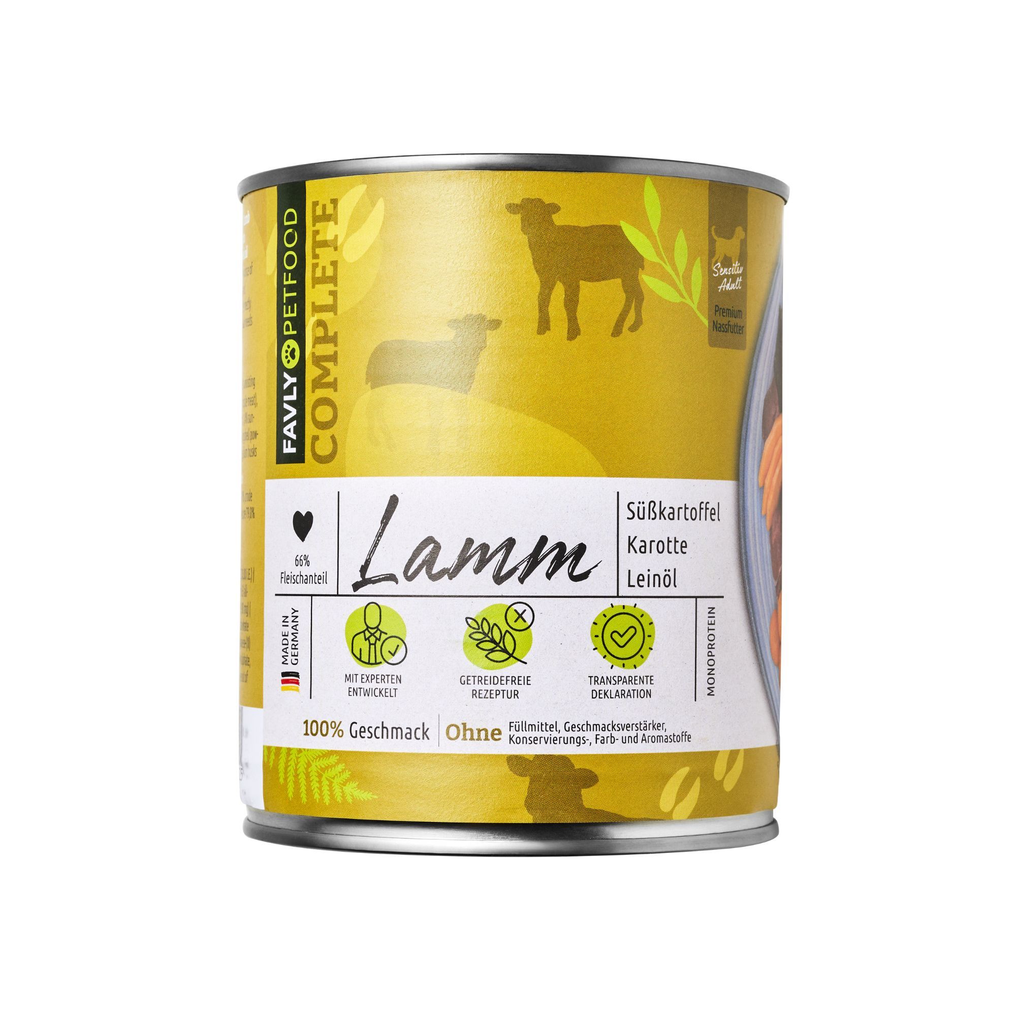 Dose mit Lamm-Hundefutter. Aufschrift: Lamm, Süßkartoffel, Karotte, Leinöl. Logo: Favly Petfood Complete. Mit Qualitätszeichen.