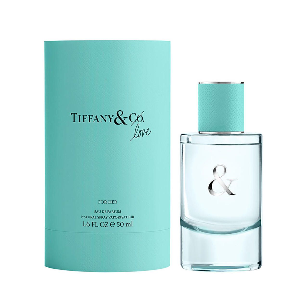 Tiffany & Co. Love Eau de Parfum Flakon und Verpackung. Türkisfarbene Verpackung, transparente Flasche mit silbernem &.