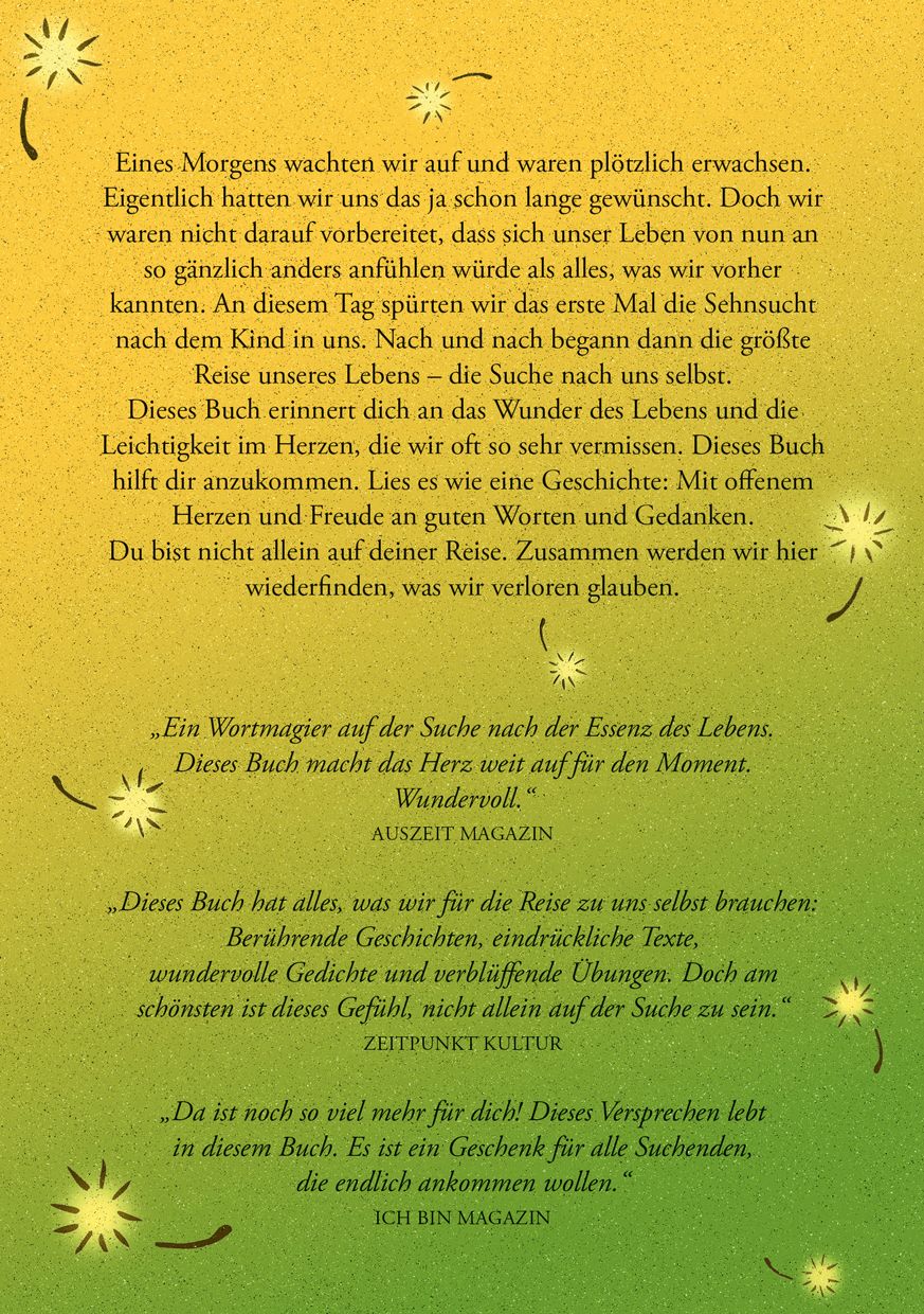 Buchrückseite mit Text. Zitate und Rezensionen. Hintergrund in Gelb- und Grüntönen. Sterne als dekorative Elemente.