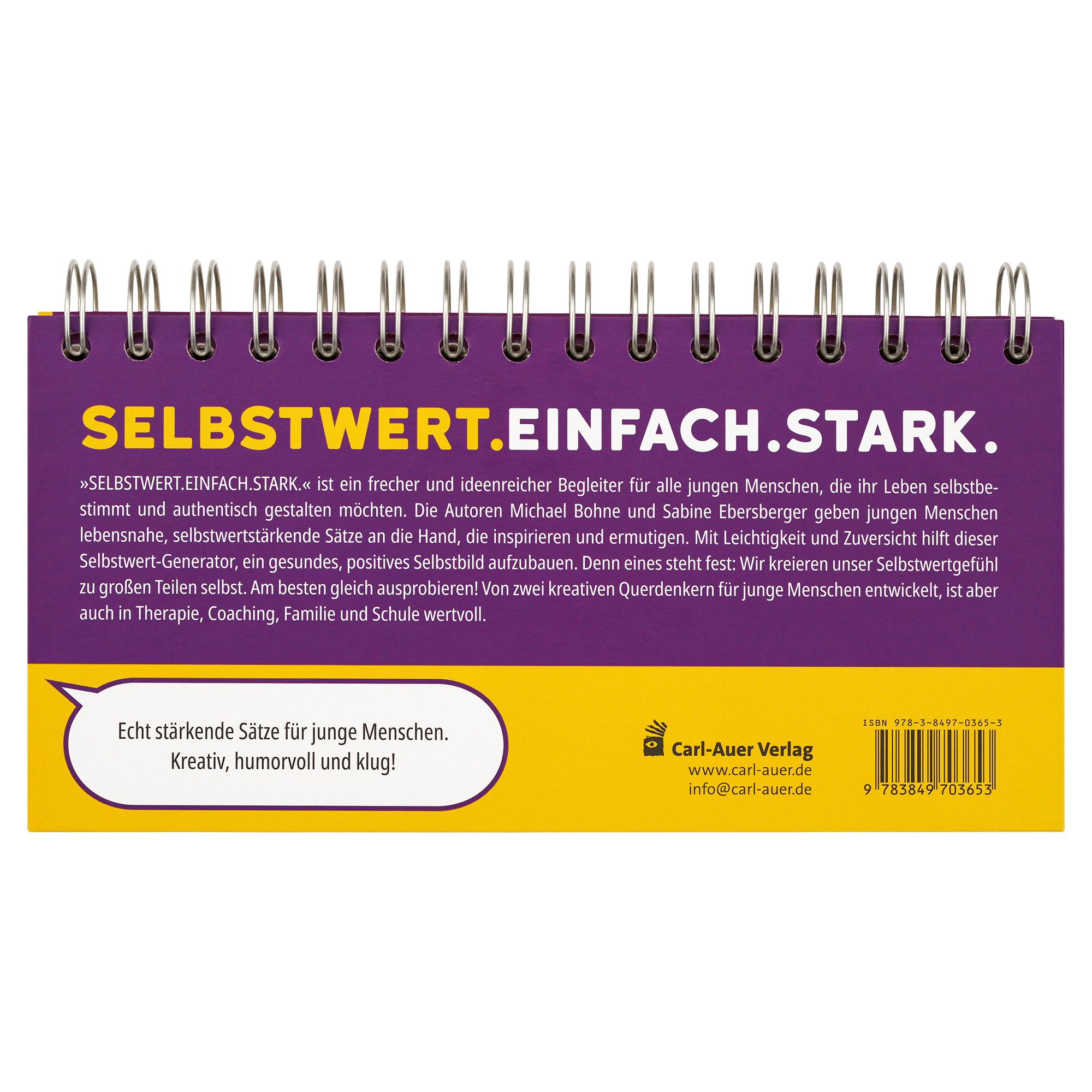 Rückseite eines spiralgebundenen Buches. Titel: SELBSTWERT. EINFACH. STARK. Text und Logo des Carl-Auer Verlags.