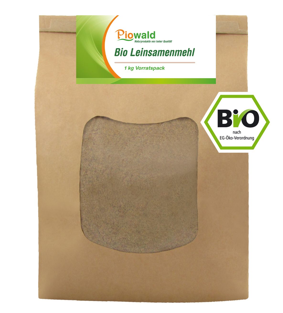 Braune Papiertüte mit Sichtfenster. Aufkleber mit "Piowald Bio Leinsamenmehl". Bio-Siegel. 1 kg Vorratspackung.