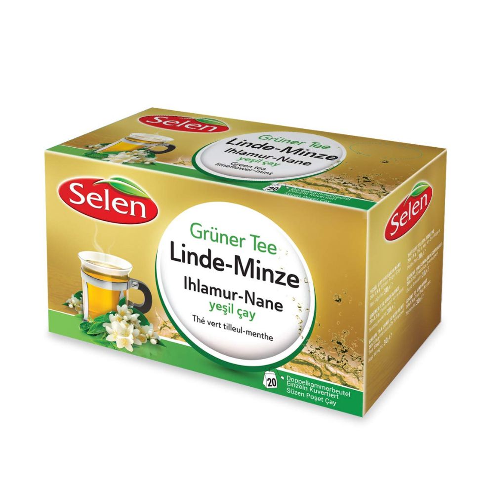 Goldfarbene Teebox mit dem Logo von Selen. Aufschrift: Grüner Tee Linde-Minze. Abbildung einer Tasse Tee.