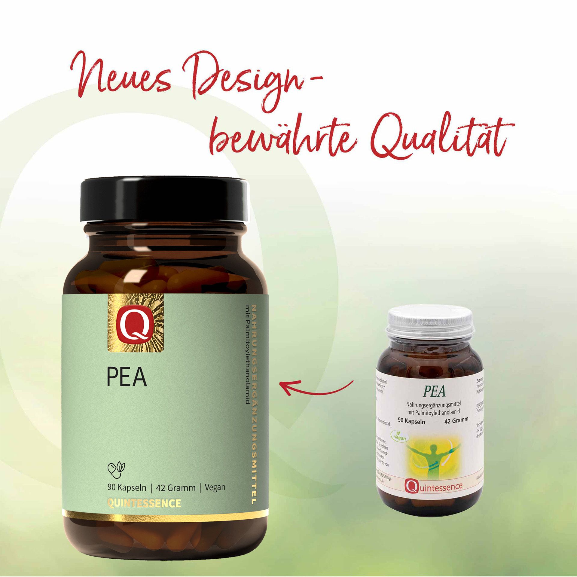 Braune Glasflasche mit PEA Kapseln. Kleineres Fläschchen daneben. Text: Neues Design - bewährte Qualität.