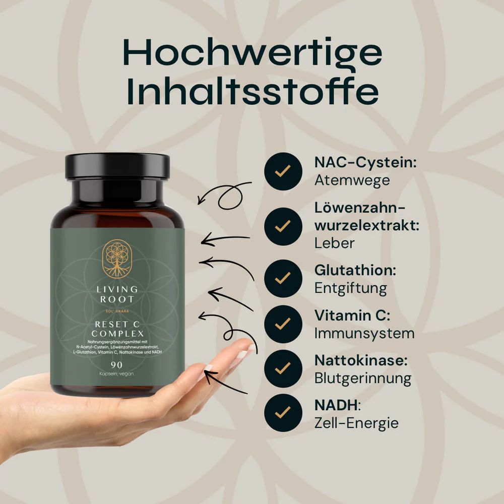 Braune Glasflasche mit schwarzem Deckel. Etikett mit Produktnamen und Inhaltsstoffen. Hand zeigt auf Inhaltsstoffe und deren Wirkung.