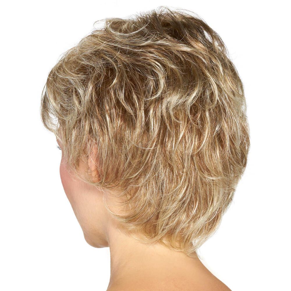 Kurzhaarperücke, blond, gewellt, von hinten.