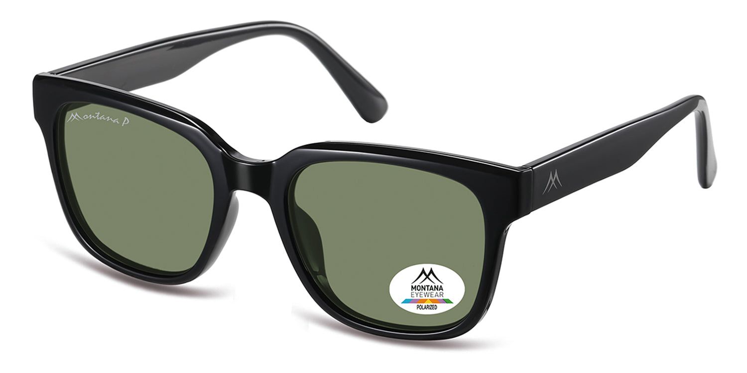 Schwarze Sonnenbrille mit grünen Gläsern. Montana Eyewear Logo auf dem Bügel und Glas. Polarisiert-Aufkleber auf dem Glas.
