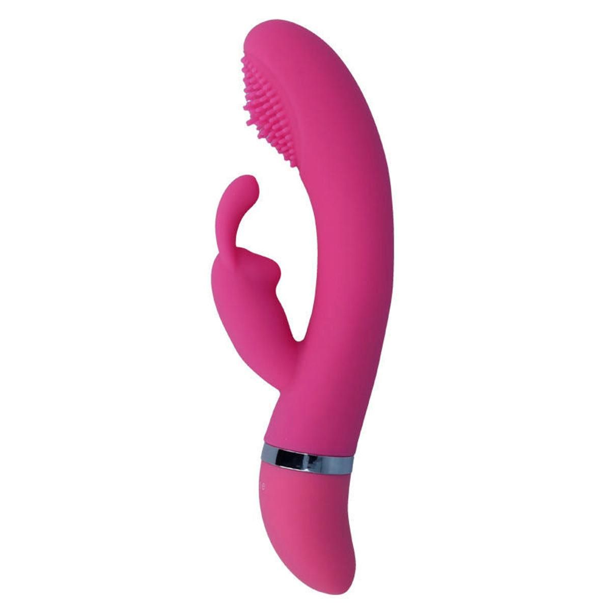 Pinkfarbener Vibrator mit Hasenohren-Design. Oberteil mit Noppen, unterer Teil mit silbernem Ring.