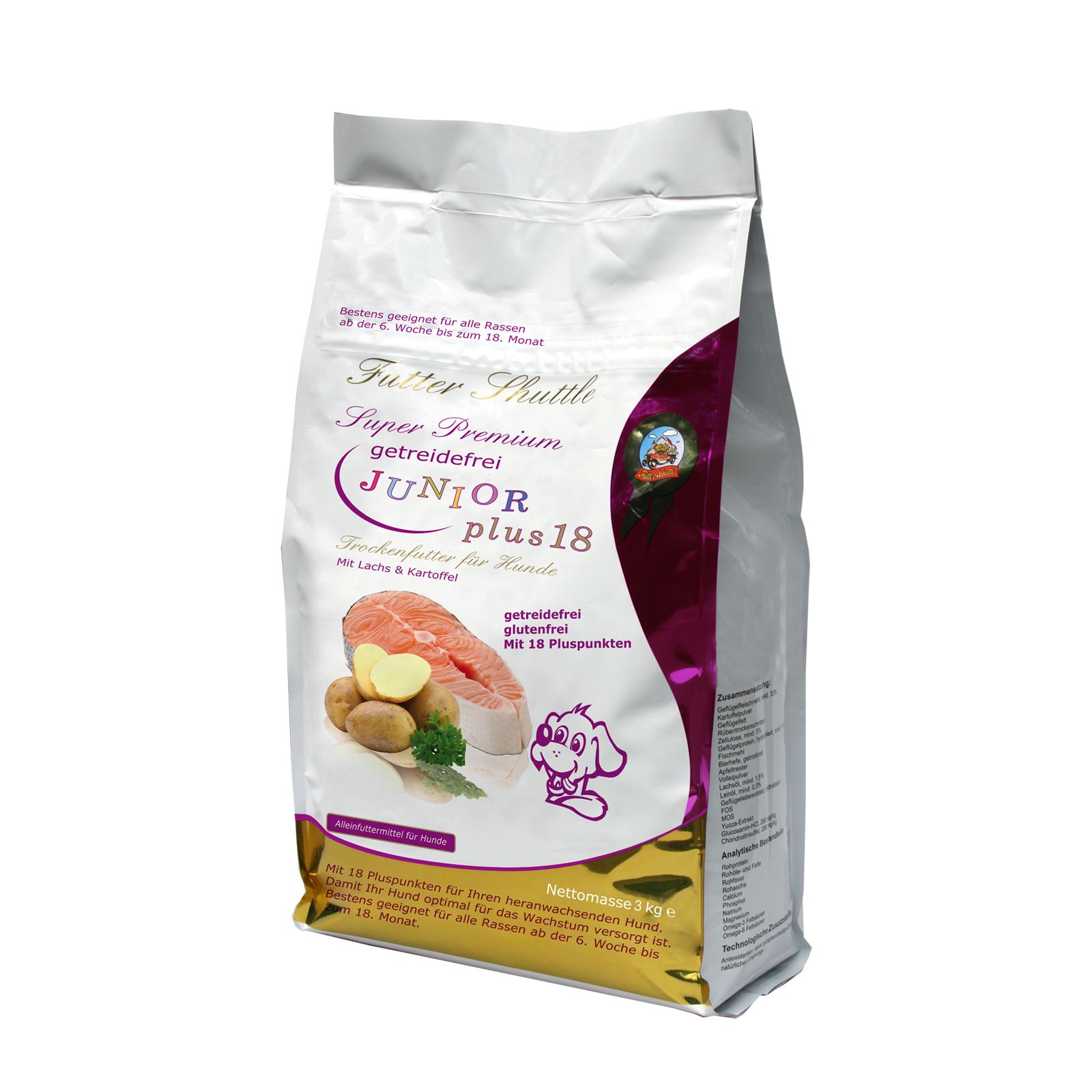 Getreidefreies Junior Trockenfutter Plus 18. Verpackung mit Abbildung von Lachs, Kartoffeln und Welpen. Text: Futter Shuttle.