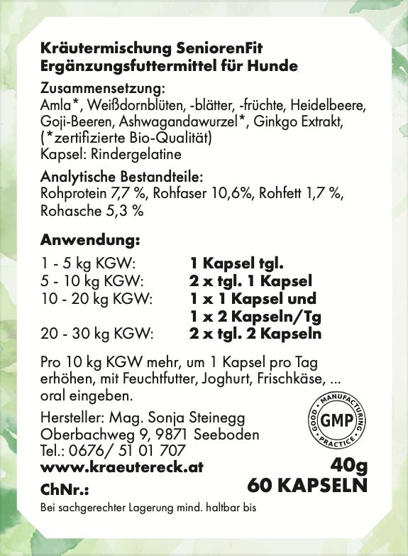 Rückseite der Verpackung mit Informationen zu Kräutermischung SeniorenFit für Hunde. Text: Inhaltsstoffe, Anwendung, Hersteller, GMP-Siegel.