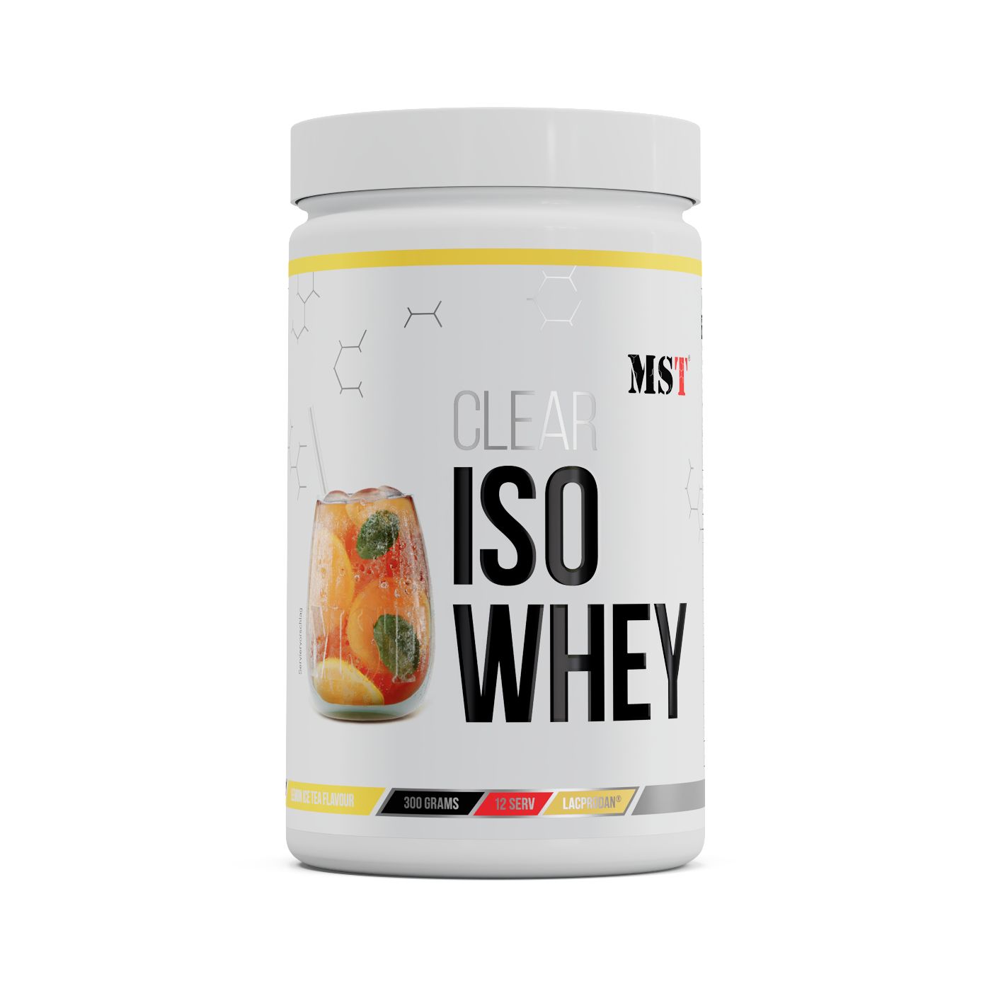 Weiße Dose mit gelben Akzenten. Aufdruck: CLEAR ISO WHEY, MST-Logo, 300g. Abbildung eines Getränks.