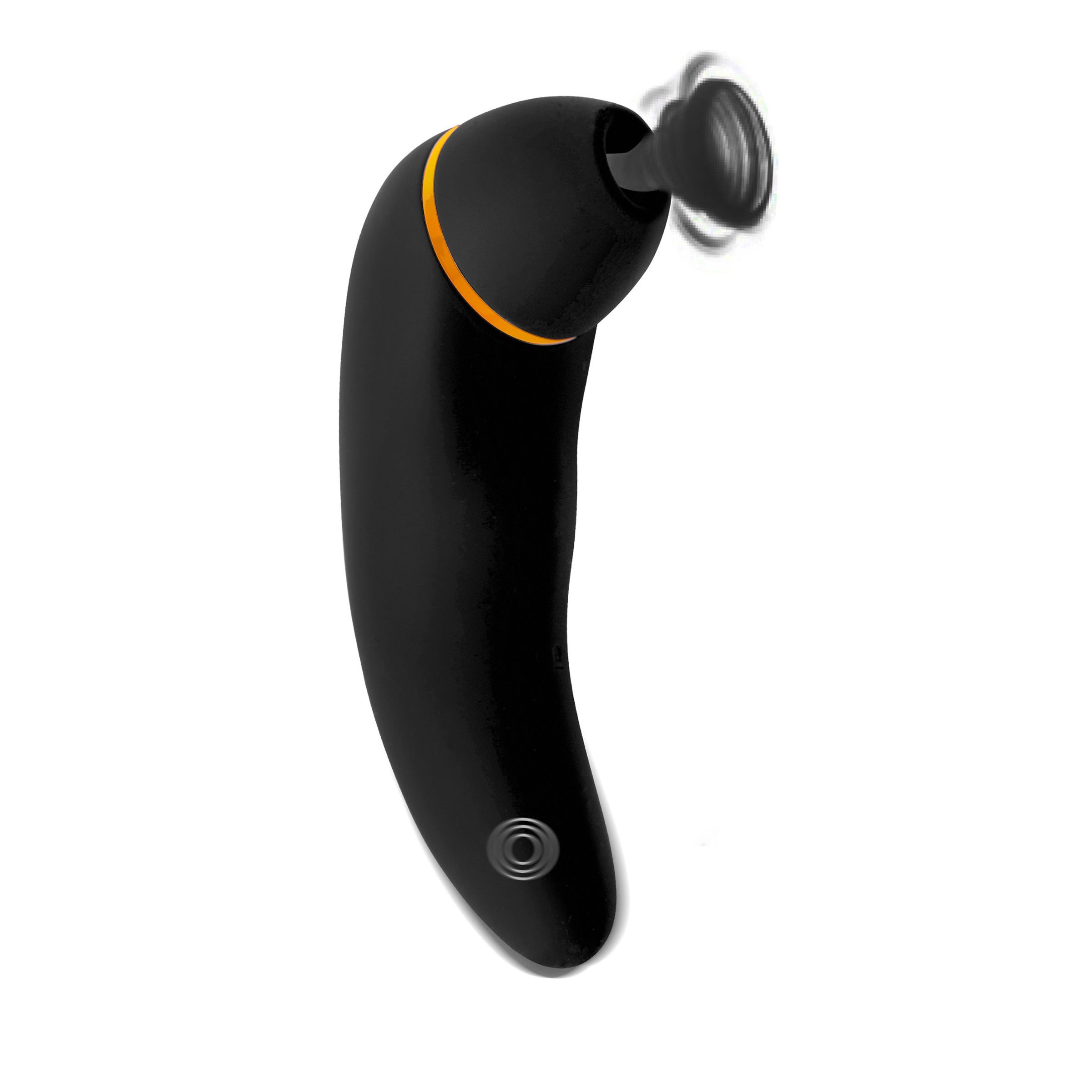 Schwarzes, gebogenes Vibrationsgerät mit gelbem Akzent. An einem Ende befindet sich ein rotierender Aufsatz.