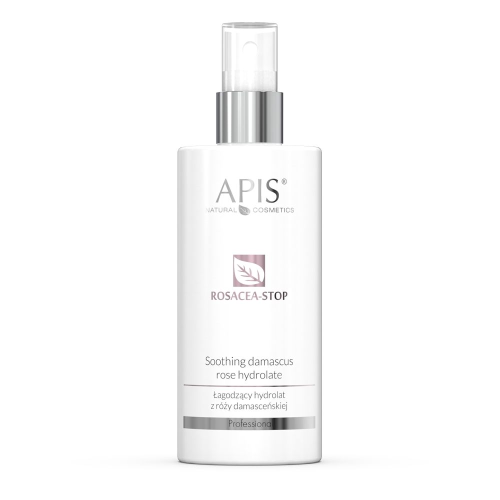 Weiße Flasche mit Zerstäuber. Aufschrift: APIS ROSACEA-STOP. Logo mit Blatt. Text: Soothing damascus rose hydrolate.