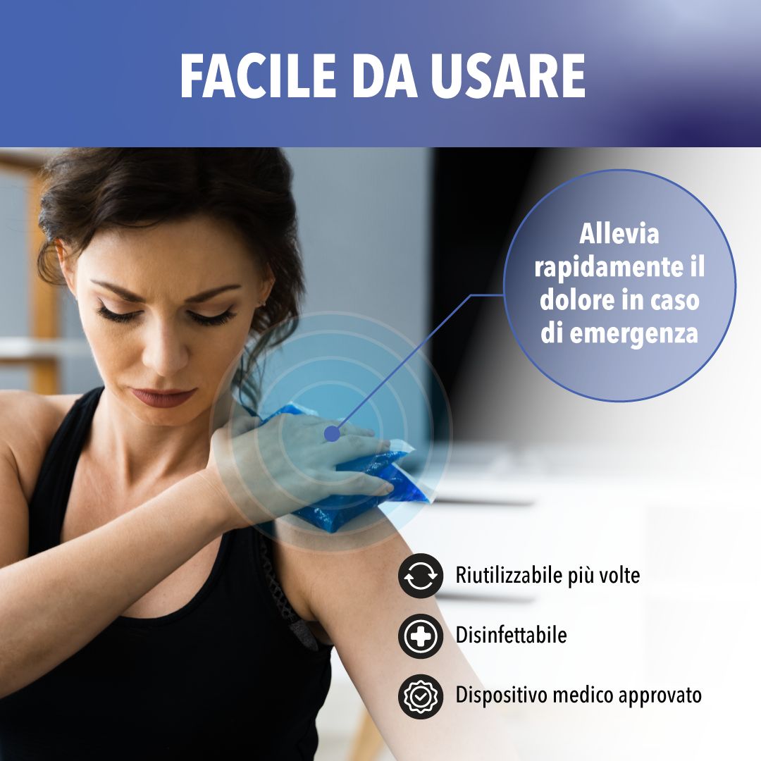 Donna che tiene una compressa fredda sulla spalla. Testo: Facile da usare. Riutilizzabile, disinfettabile, dispositivo medico approvato.
