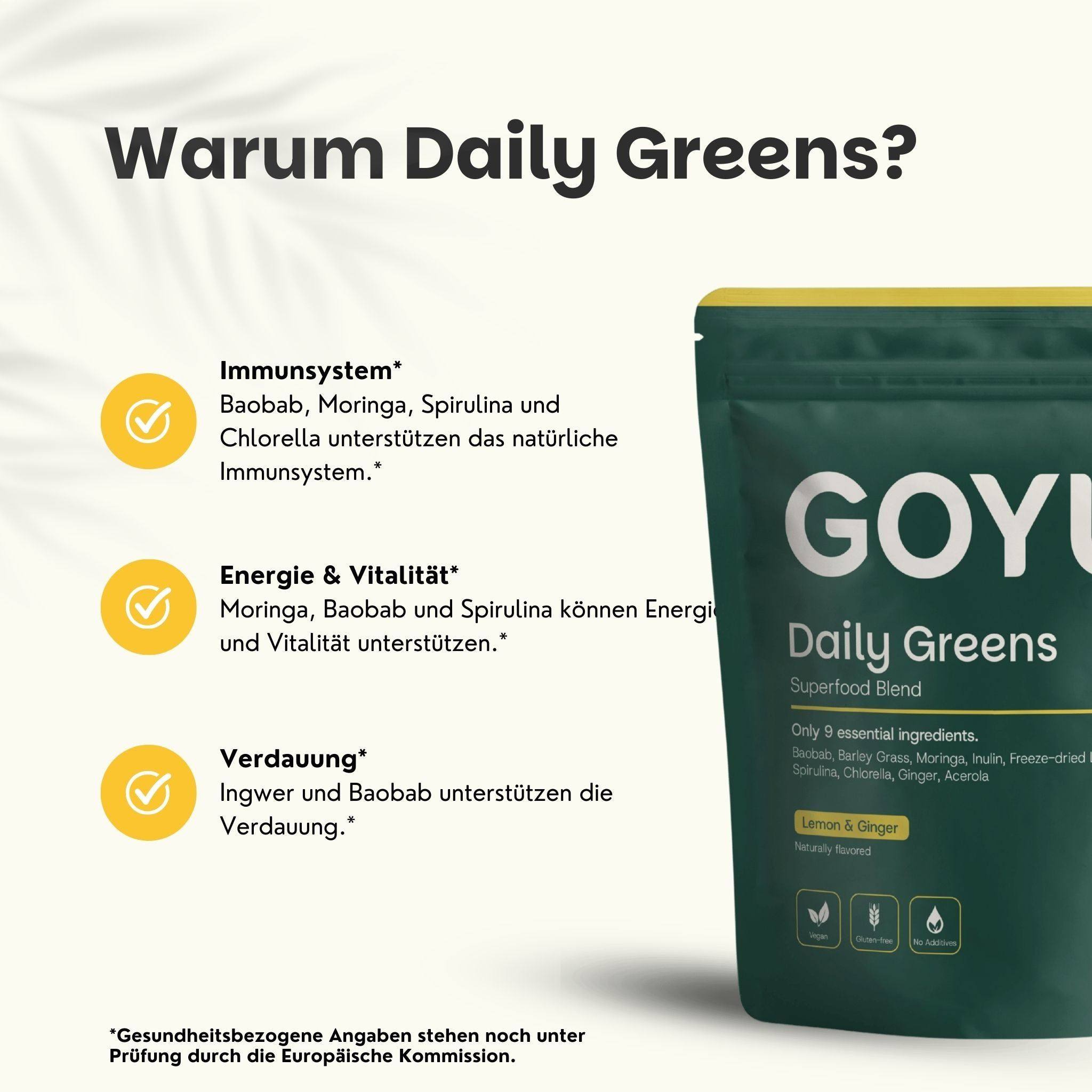 Produktbeutel GOYU Daily Greens neben Textfeldern. Text: Warum Daily Greens? Immunsystem, Energie & Vitalität, Verdauung.  Zusatz: Gesundheitsbezogene Angaben.