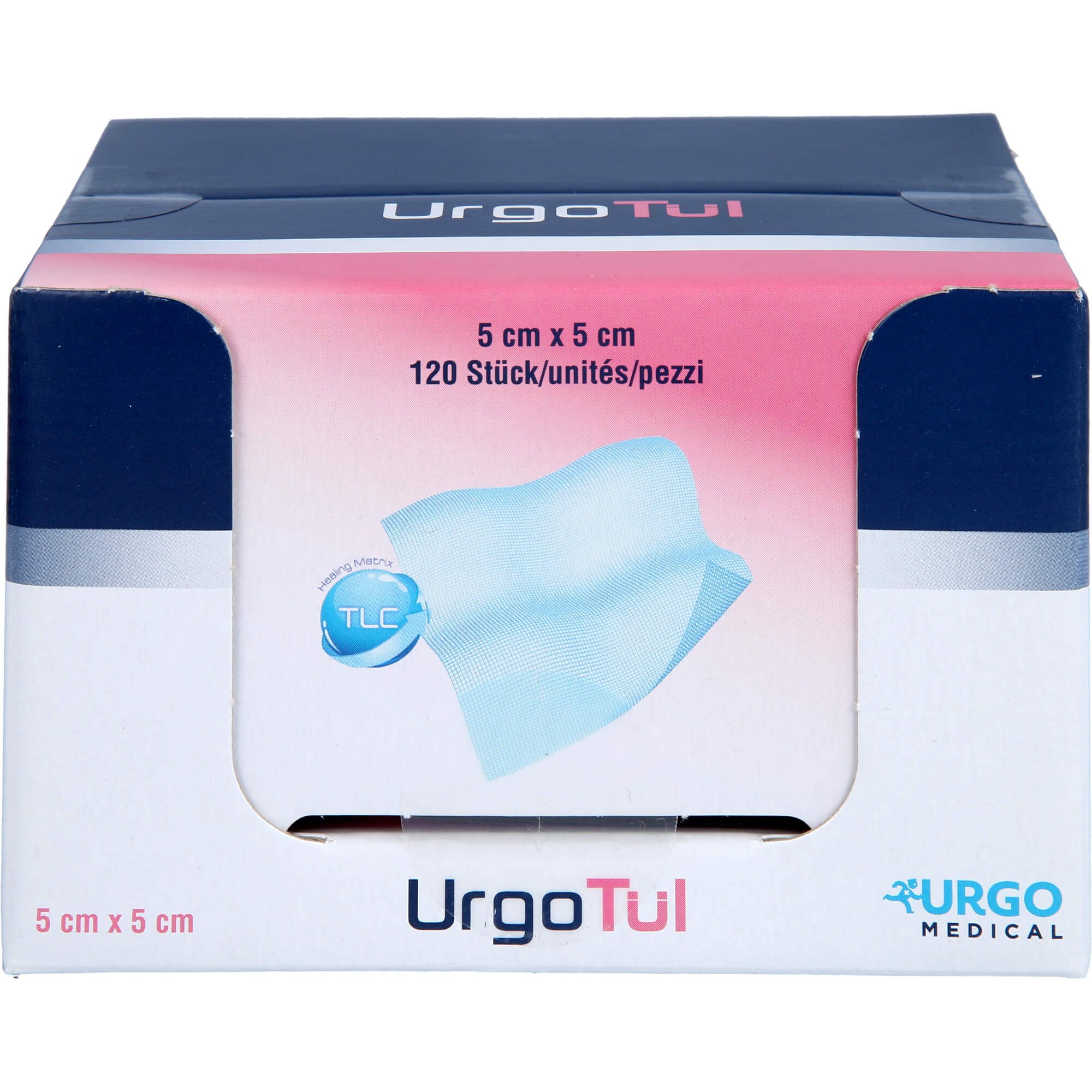 Karton mit URGOTUEL 5x5cm. Aufdruck: 5 cm x 5 cm, 120 Stück. Logo: URGO MEDICAL. Sichtbar: blaue Kompresse. Rosa-weiße Verpackung.
