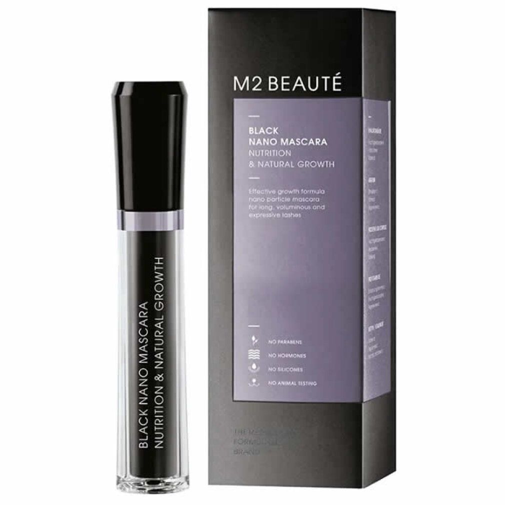 Mascara-Flakon und Schachtel. Schwarze Mascara mit schwarzem Deckel. Auf der Schachtel steht M2 BEAUTÉ und BLACK NANO MASCARA.