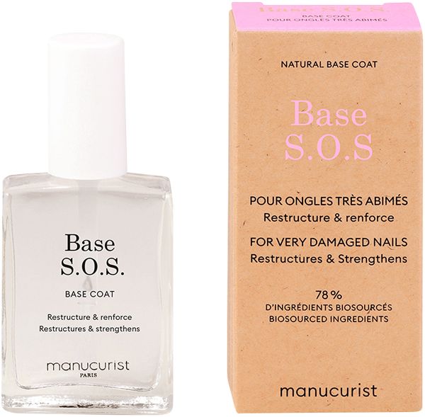 Manucurist Base S.O.S. Nagellackflasche und Kartonverpackung. Klare Flüssigkeit, weiße Kappe. Karton mit rosa und beiger Aufschrift.