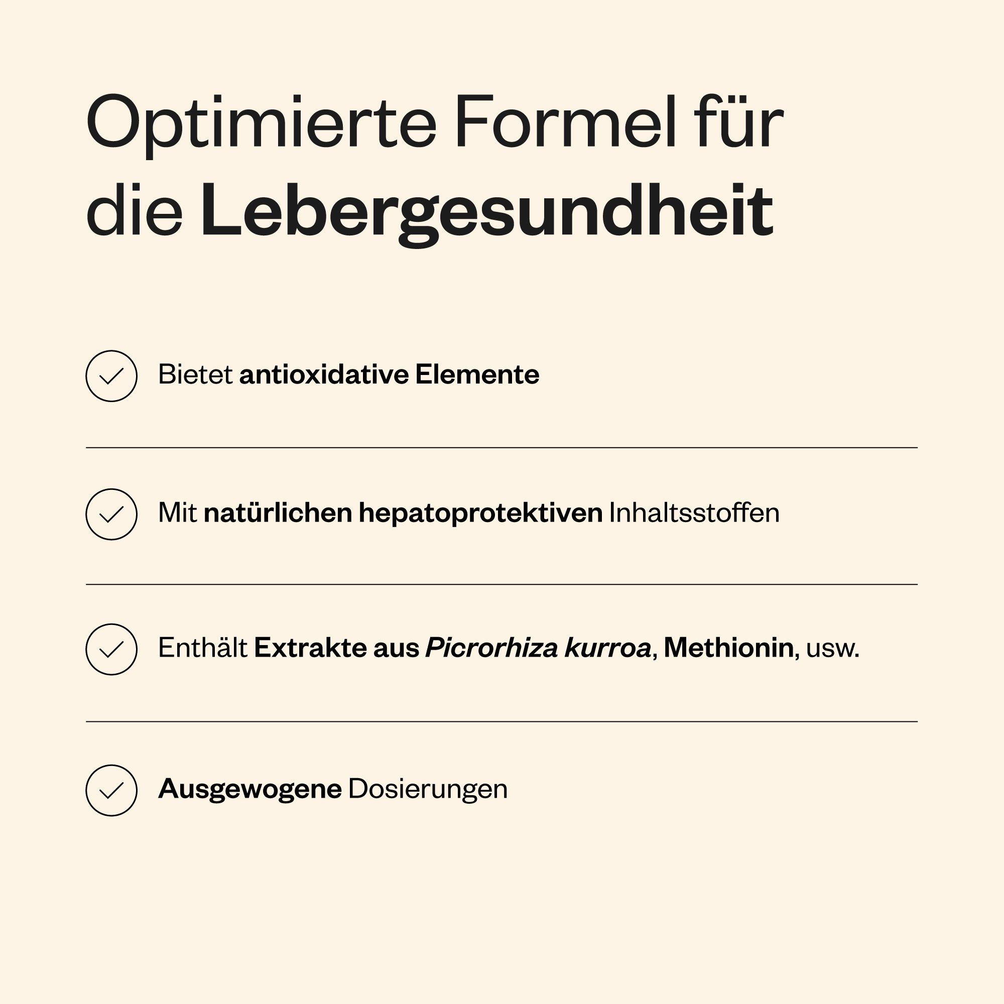 Infografik mit Text: Optimierte Formel für die Lebergesundheit. Enthält antioxidative Elemente, natürliche Inhaltsstoffe, Extrakte und ausgewogene Dosierungen.