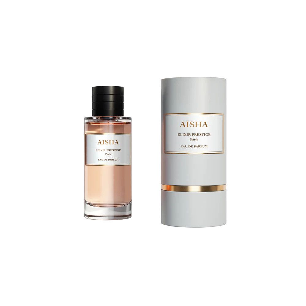 Parfümflakon und zylindrische Verpackung. Flakon mit schwarzem Deckel, Etikett "AISHA". Verpackung mit "AISHA" und "Elixir Prestige".