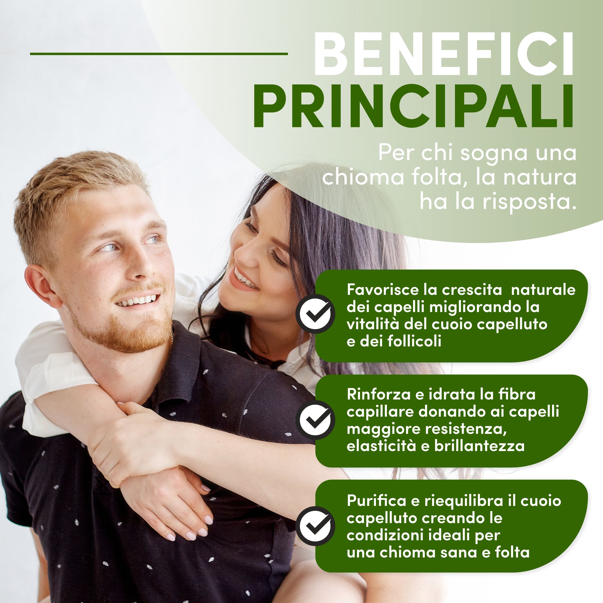 Paar umarmt sich. Text: Hauptvorteile. Fördert das natürliche Haarwachstum, stärkt das Haar, reinigt und gleicht die Kopfhaut aus.