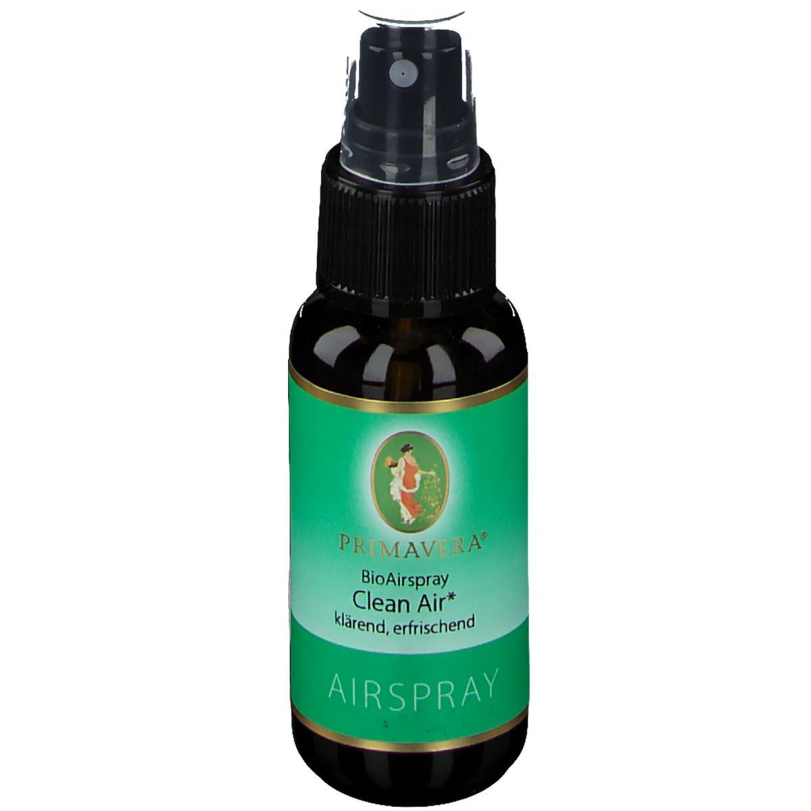 Braune Flasche mit grünem Etikett. Aufschrift: PRIMAVERA BioAirspray Clean Air. Sprühkopf. Goldener Rand.