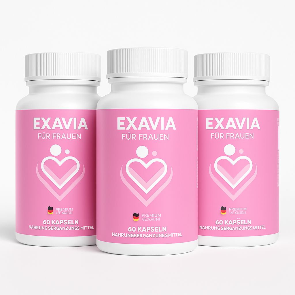 Drei Exavia Kapseldosen für Frauen nebeneinander. 60 Kapseln pro Dose. Nahrungsergänzungsmittel.