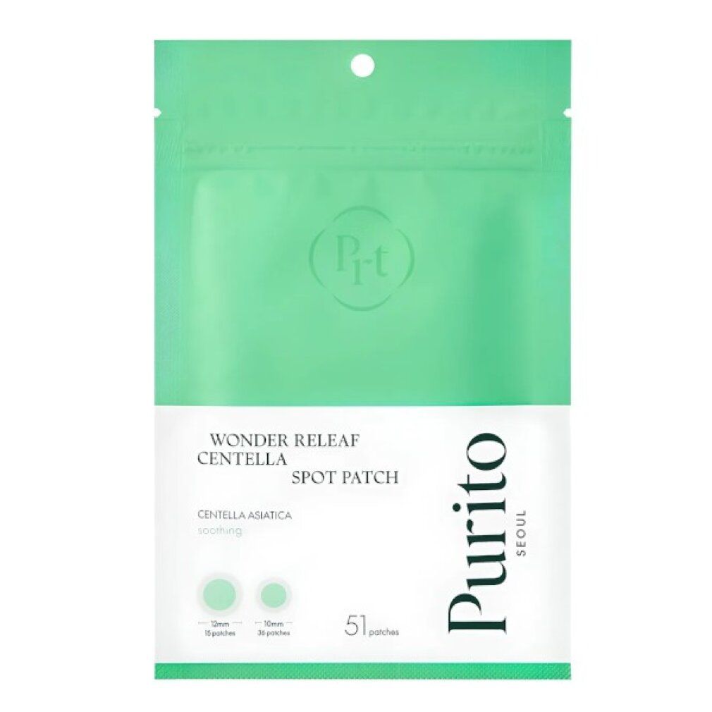 Purito Wonder Releaf Centella Spot Patch Verpackung mit 51 Patches. Enthält Centella Asiatica.