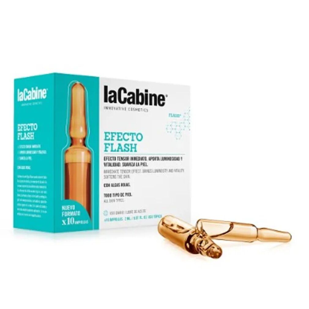 Produktverpackung mit einer Ampulle. Auf der Verpackung steht 'La Cabine' und 'Efecto Flash'. Zwei Ampullen liegen daneben.