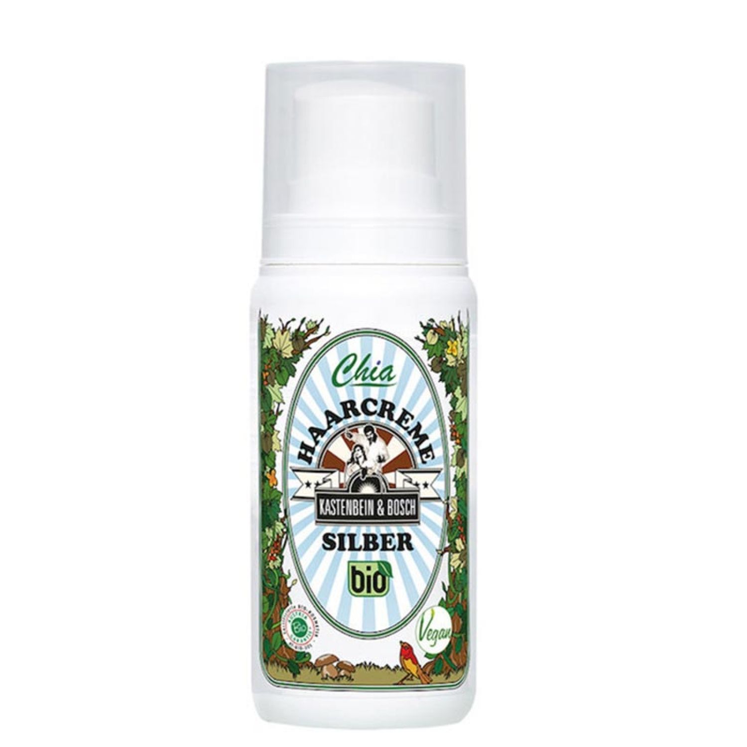 Weiße Flasche mit Sprühkopf. Aufschrift: Chia Haarcreme Silber Bio. Logo mit Personen und Blättern. Vegan-Siegel.