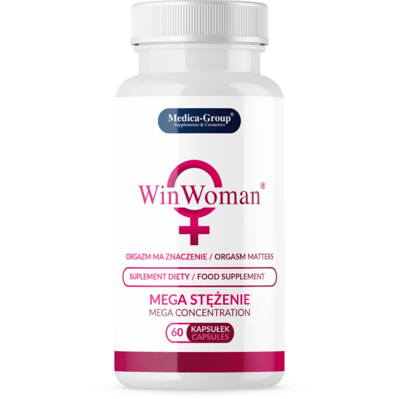 WinWoman-Kapseln. Aufschrift: Orgasmus hat Bedeutung. 60 Kapseln. Medica-Group Logo. Weiße Flasche mit rosa und schwarzen Details.