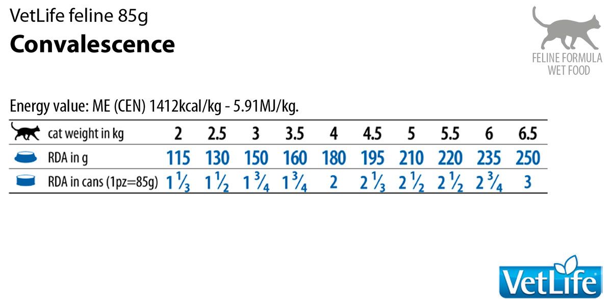 Weiße Tabelle mit Text. "VetLife feline 85g Convalescence". Energie- und Fütterungsempfehlungen für Katzen.