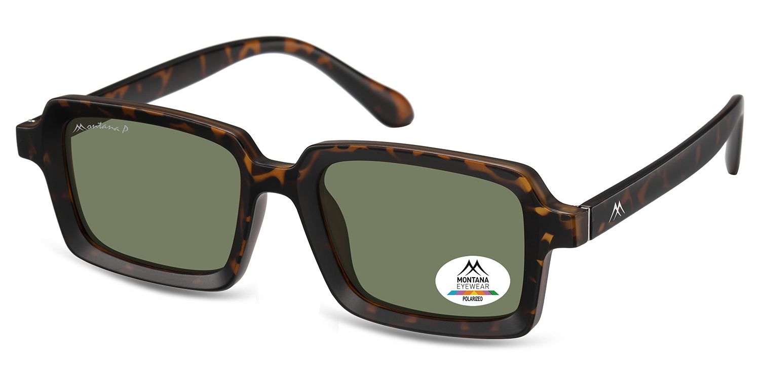 Sonnenbrille mit braunem Rahmen und grünen Gläsern. Auf einem Glas ist ein Aufkleber mit dem Logo von Montana Eyewear angebracht.