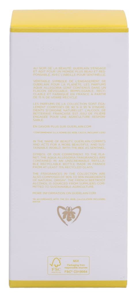 Verpackung mit Text über Nachhaltigkeit und FSC-Logo. Marke: Guerlain. Text in Französisch und Englisch.