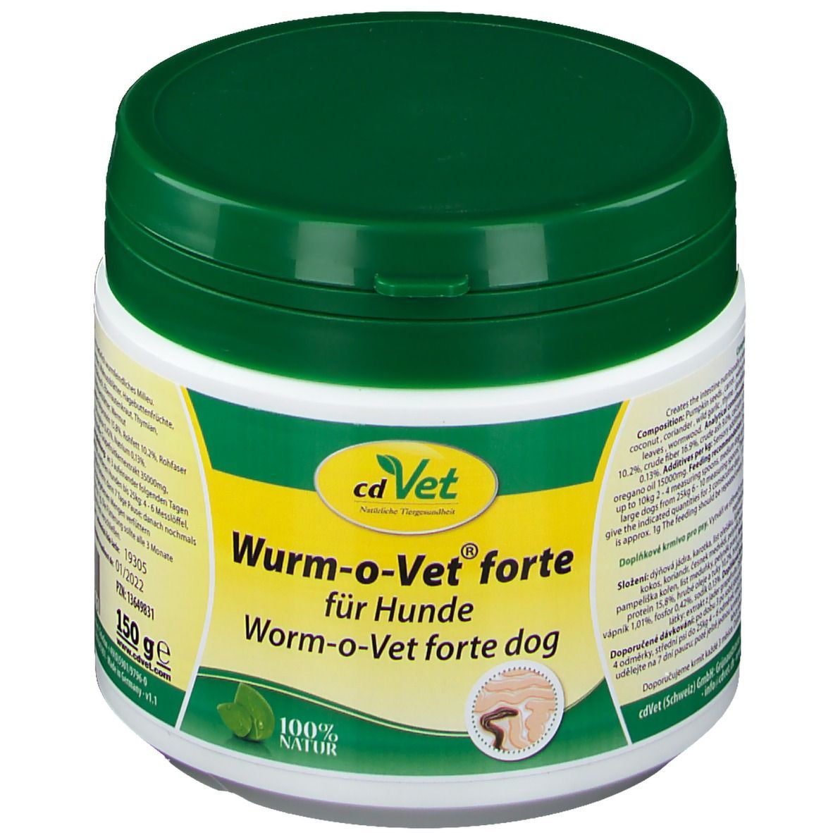 Weißes, zylindrisches Gefäß mit grünem Deckel. Aufschrift: cd Vet Wurm-o-Vet® forte für Hunde. 150g. Etikett mit Inhaltsstoffen.