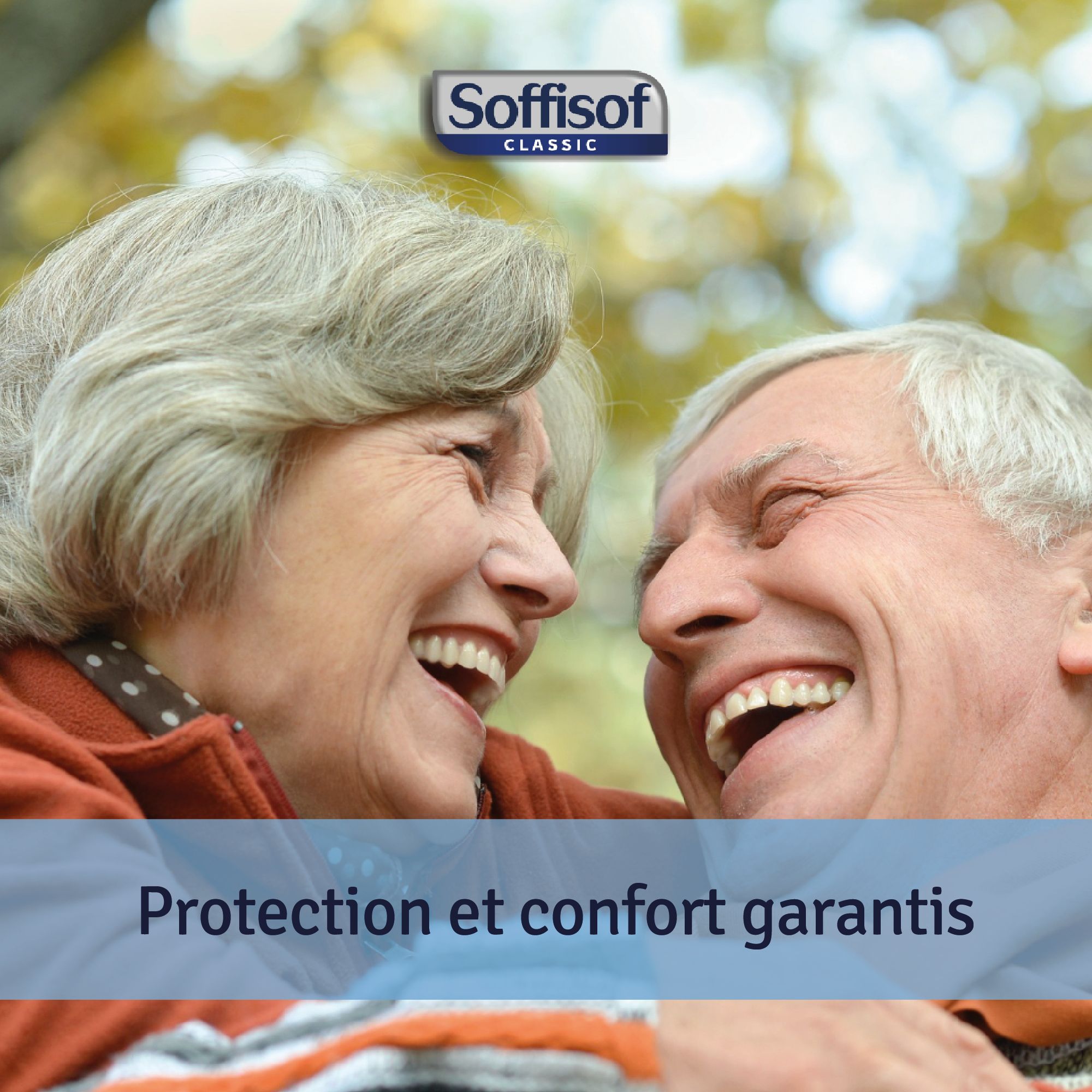 Couple de personnes âgées riant. Logo Soffisof Classic. Texte : Protection et confort garantis.