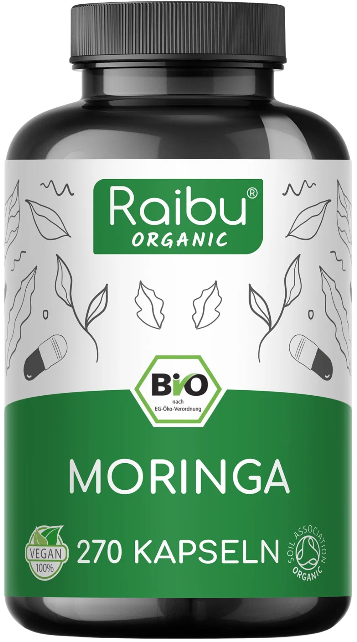 Raibu - Bio Moringa Kapseln hochdosiert 2400 mg vegane, laborgeprüft, glutenfrei & laktosefrei 270 St