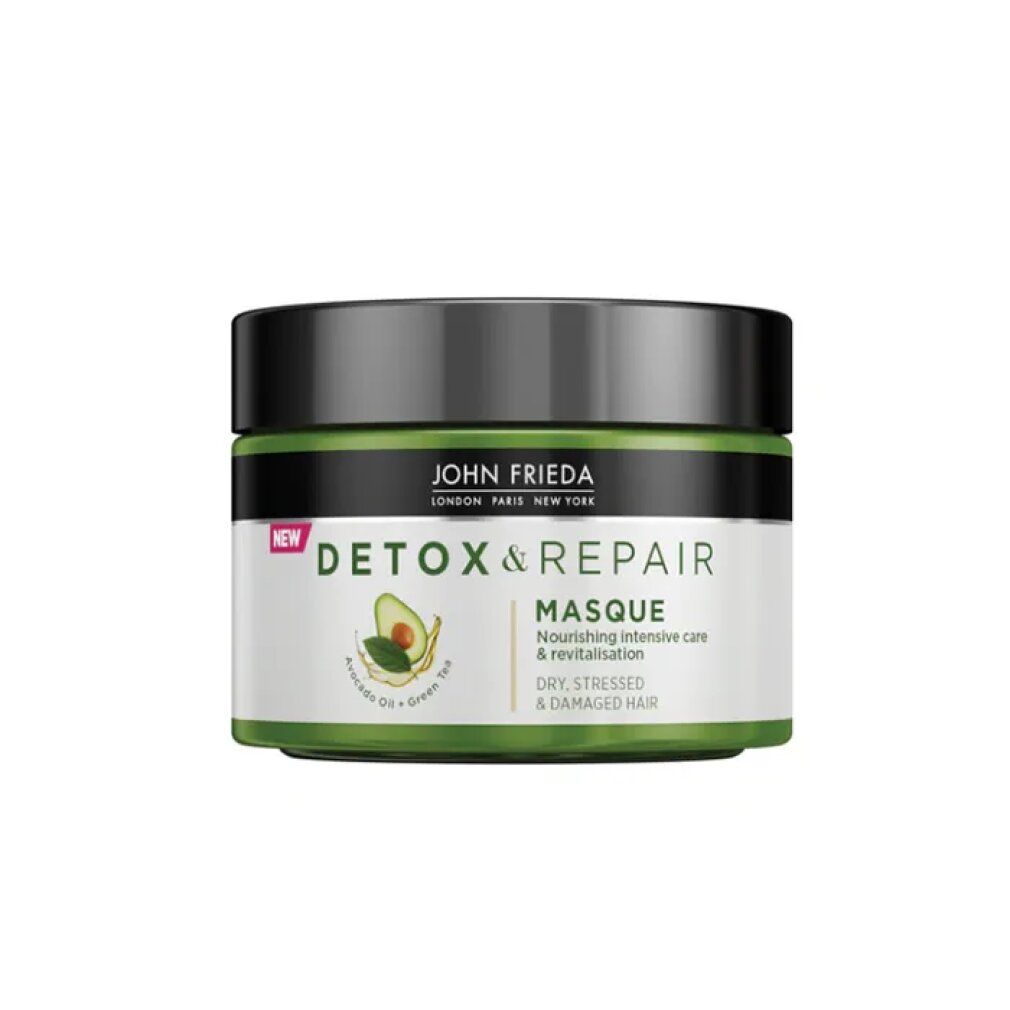 Runde Dose John Frieda Detox & Repair Masque. Grün-schwarzer Deckel, weißes Etikett mit Avocado-Illustration und Text.