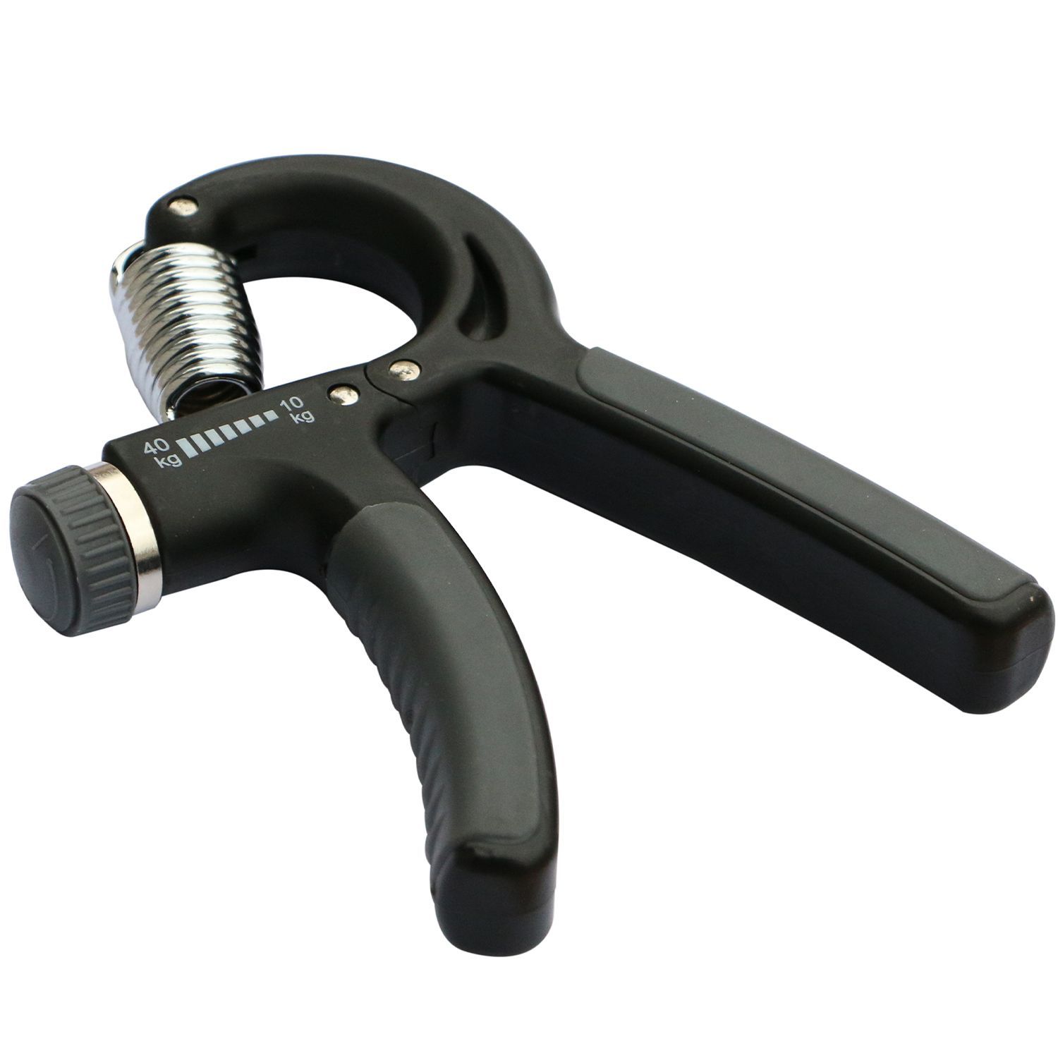 Schwarzer Handtrainer mit grauem Griff, Metallfeder und verstellbarem Widerstand. Nahaufnahme.