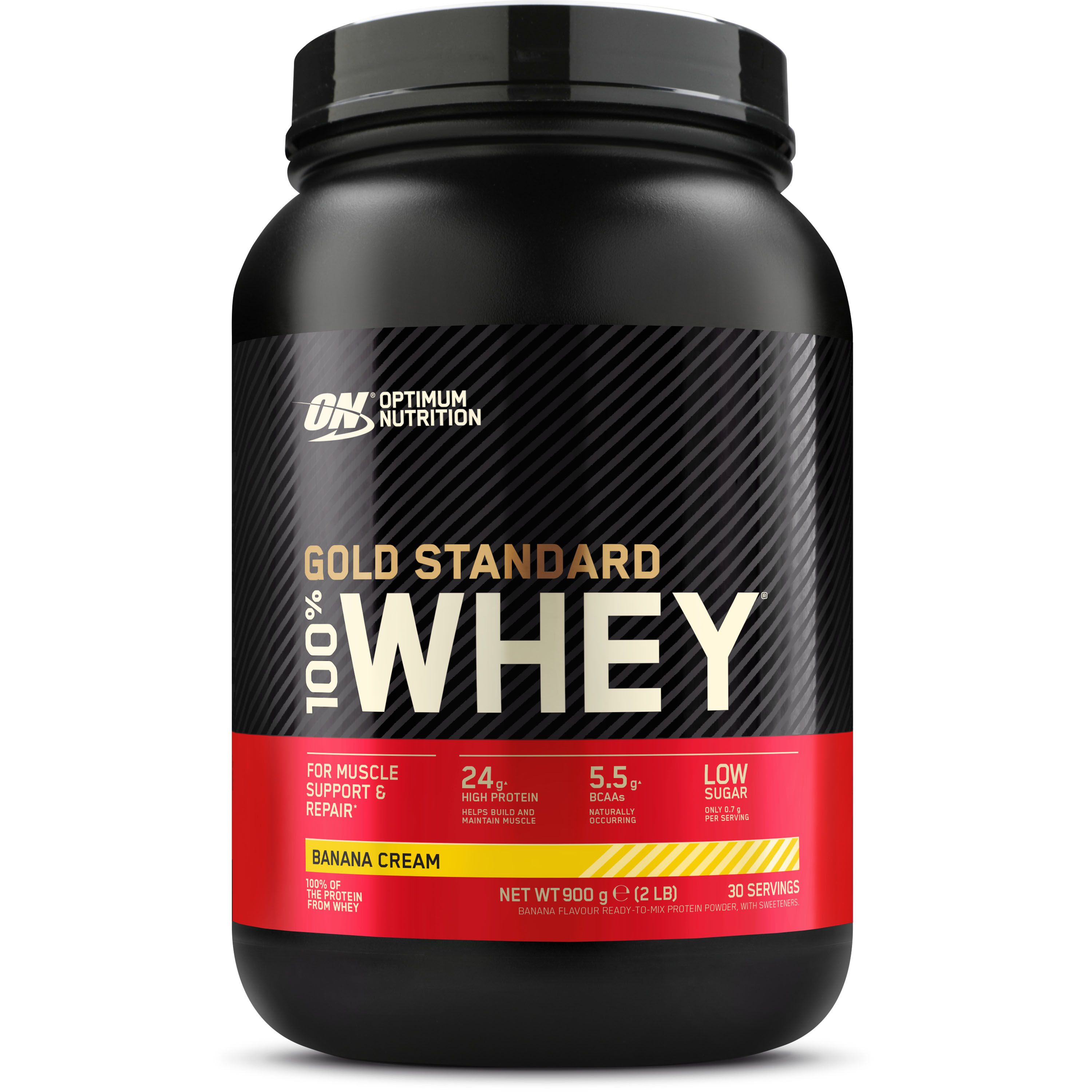 Schwarze Dose mit Aufschrift Gold Standard 100% Whey. Roter Streifen mit Text. Aufschrift: Banana Cream. 900g.