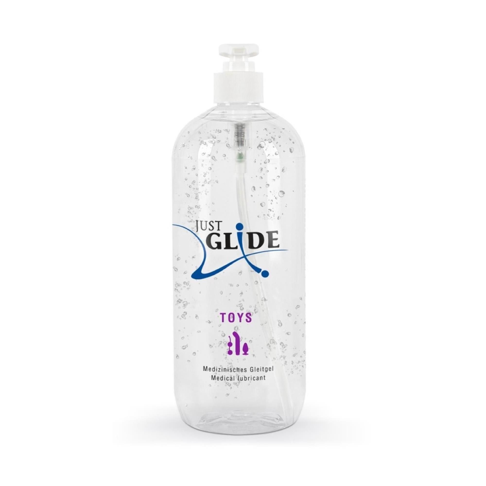 Transparente Flasche mit Dosierpumpe. Aufschrift: JUST GLIDE, TOYS, Medizinische Gleitgel, Medical lubricant.