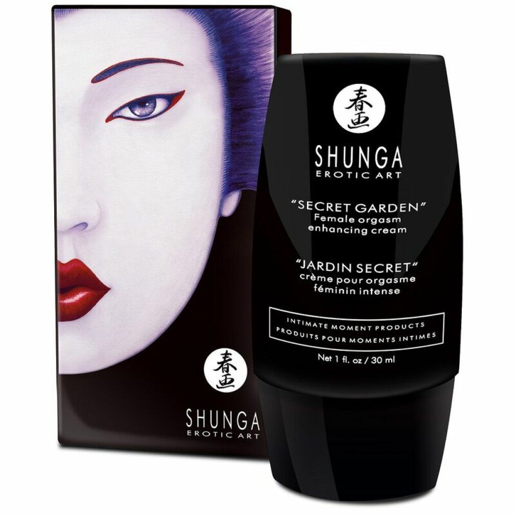 Schwarze Tube und Verpackung. Verpackung mit Gesicht. Tube mit Produktbezeichnung. Text: "SECRET GARDEN" Female orgasm enhancing cream. "JARDIN SECRET".