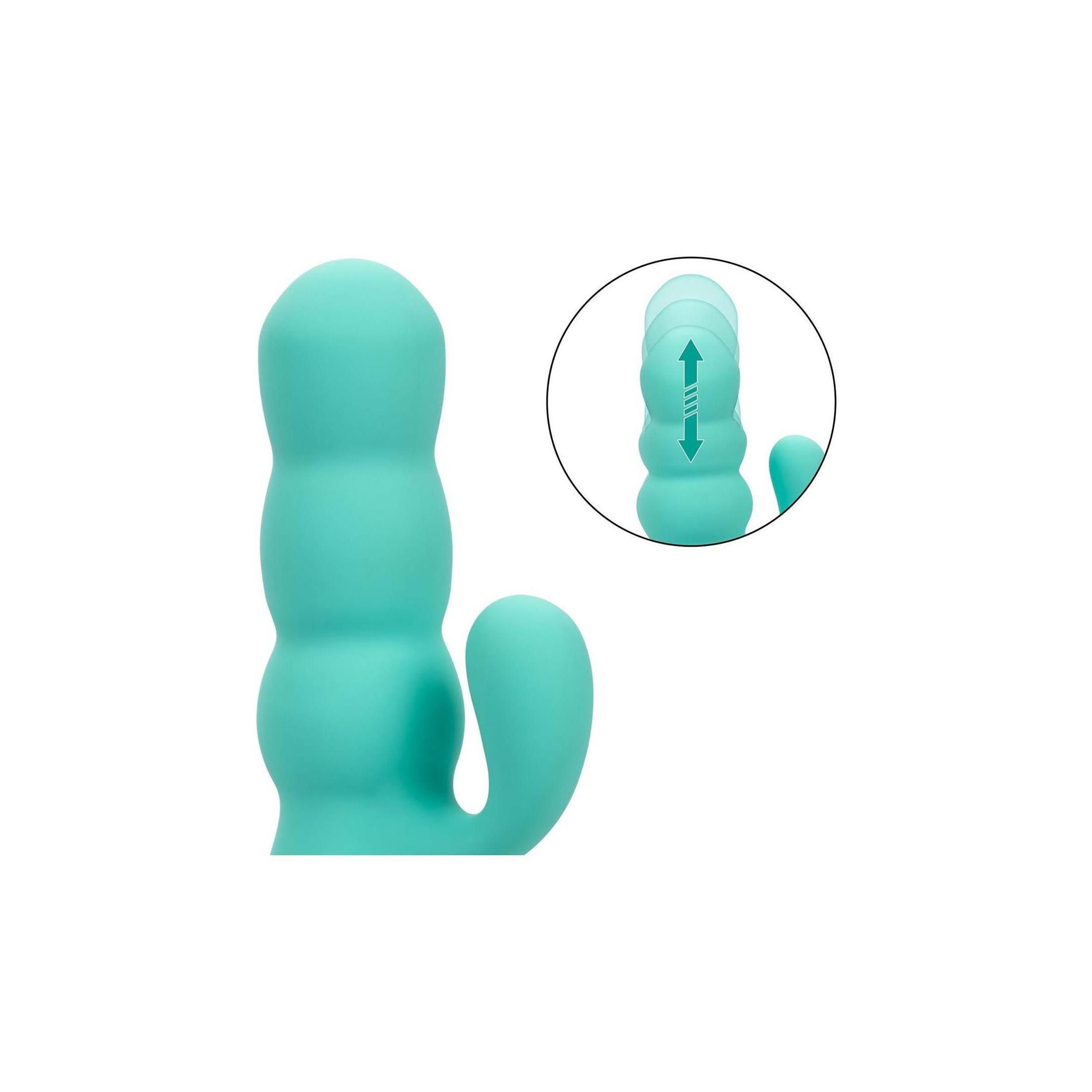 Türkisfarbener Vibrator mit abgerundeten Formen und einem gebogenen Arm. Pfeil-Animation.