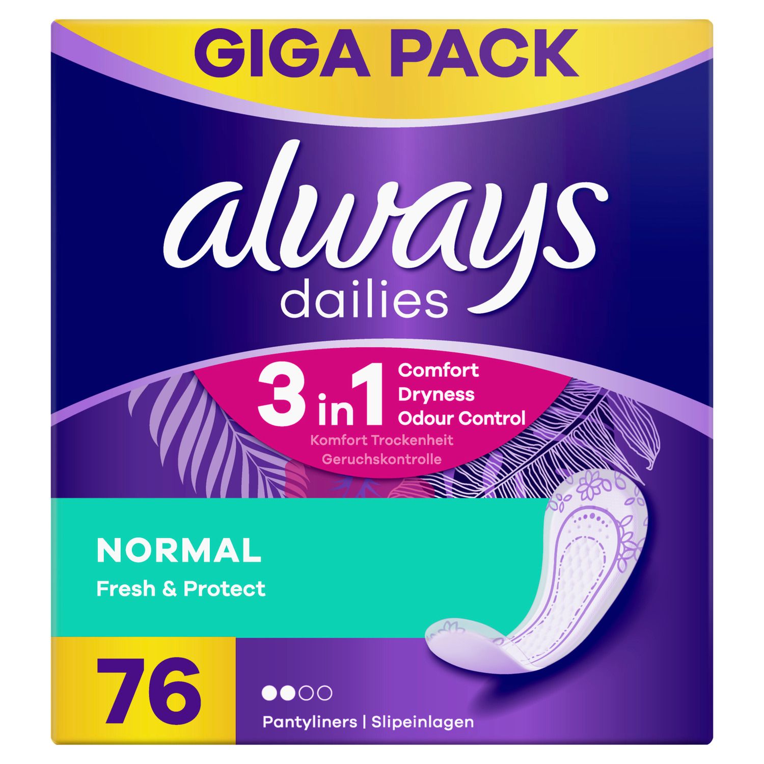 Verpackung von Slipeinlagen. Aufschrift: always dailies, 3 in 1, Normal, Fresh & Protect, 76 Stück. Lila, gelb und türkis.