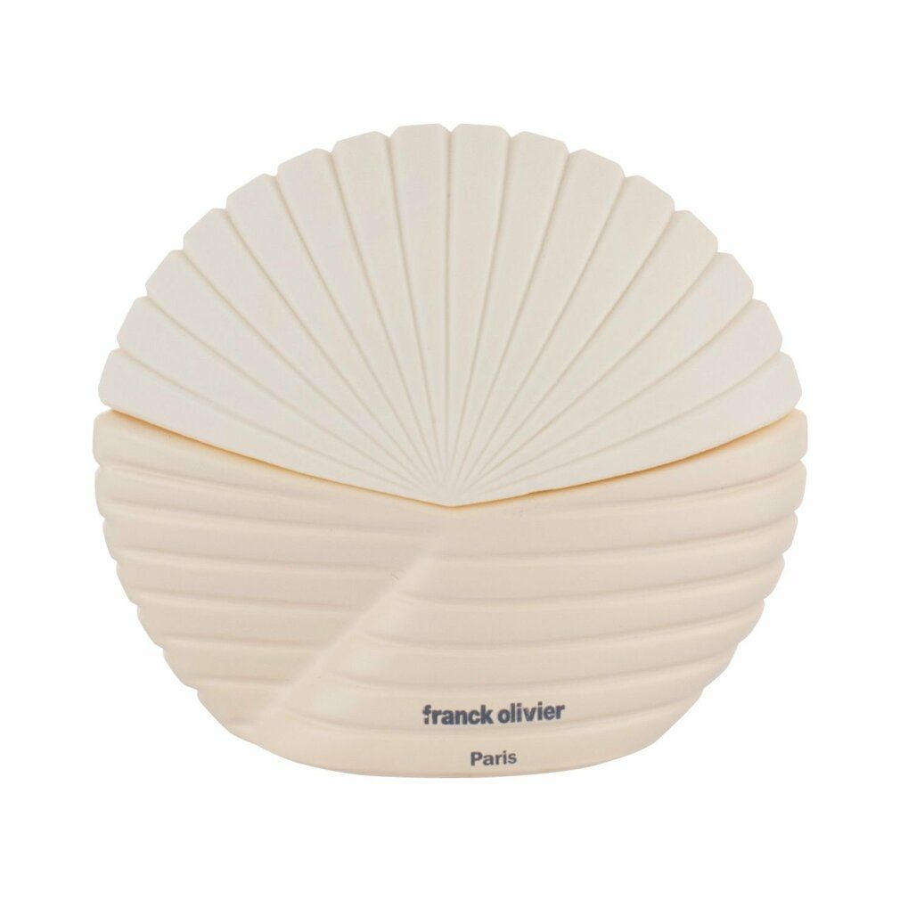 Runde, cremefarbene Flasche mit geriffelter Oberfläche und fächerförmigem Deckel. Logo: Franck Olivier Paris.